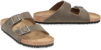 Shop Birkenstock Leather Slides With Buckle In Brown