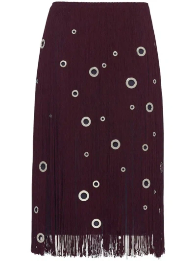 Shop Prada Eyelet-embellished Fringed Midi Skirt In Corniola
