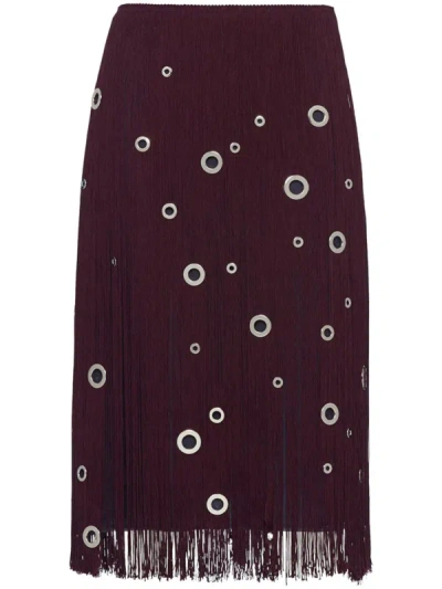 Prada Midi-skirt With Fringe And Grommet Embellishment In Corniola