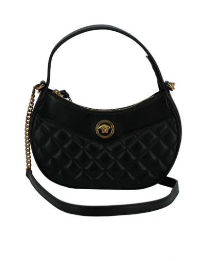 Shop Versace Black Leather Half Moon Shoulder Bag
