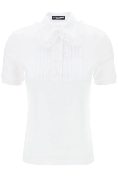 Shop Dolce & Gabbana Polo Shirt With Harness And Lace Trimm In White