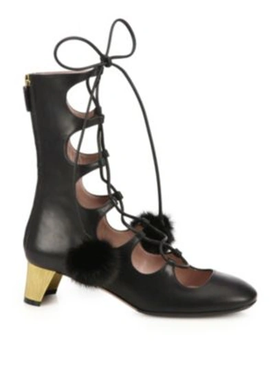 Shop Gucci Lace-up Fur Pom-pom Leather Boots In Black
