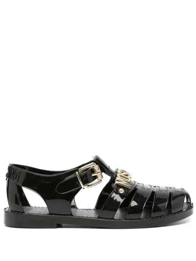 Shop Moschino Sandals With Logo Plaque In Black