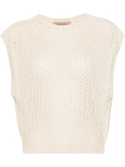 Shop Twinset Cotton Top With Openwork Knit And Sequins In Beige
