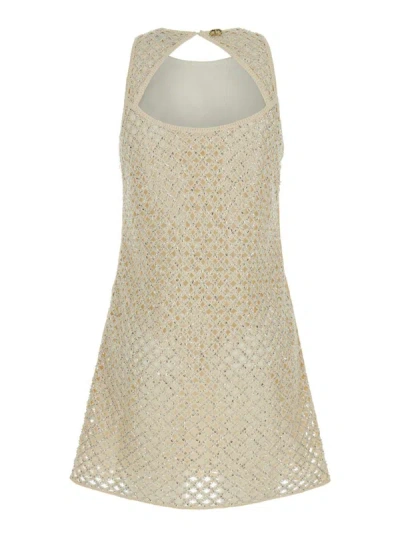 Shop Twinset Beige Beaded Mesh Mini Dress In Polyester Woman