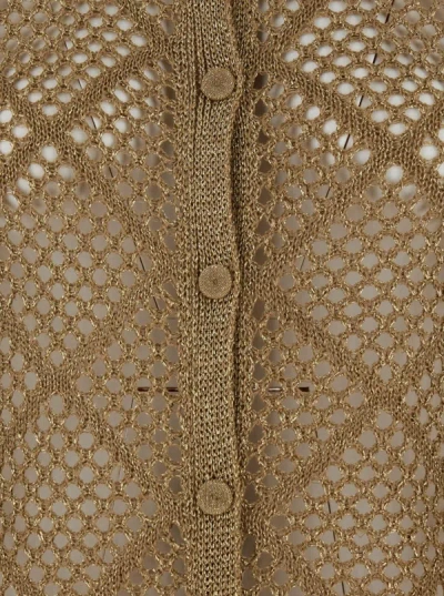 Shop Twinset Beige Long Open-knit Metallic Cardigan In Viscose Woman