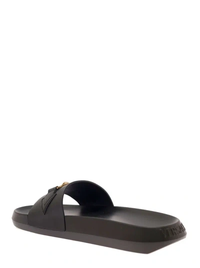 Shop Versace Black Moulded Footbed Slides With Medusa Head Plaque In Leather Man