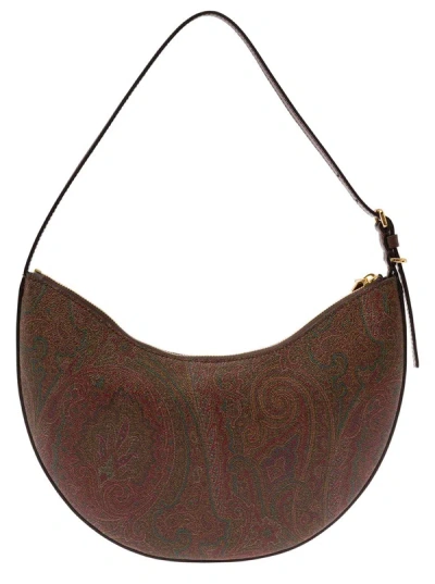 Shop Etro ' Essential' Brown Shoulder Bag With Paisley Print In Leather Woman