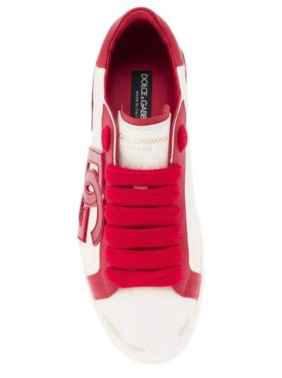 Shop Dolce & Gabbana 'vintage Portafino' White And Red Low Top Sneakers With Dg Patch In Leather Man