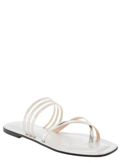 Shop Pollini Silver-tone Thongs Sandals With Metallic And Rhinestone Bands In Leather Woman In Grey