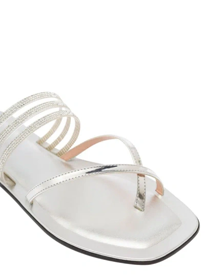Shop Pollini Silver-tone Thongs Sandals With Metallic And Rhinestone Bands In Leather Woman In Grey