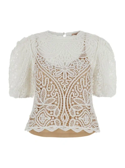 Shop Twinset White Balloon-sleeves Crochet Jumper In White Polyester