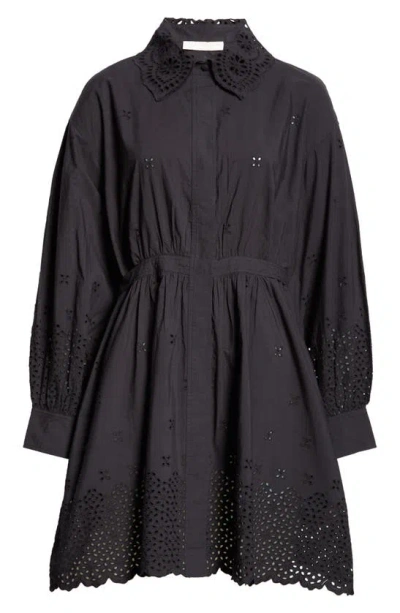 Shop Ulla Johnson Gemma Long Sleeve Eyelet Cotton Shirtdress In Noir