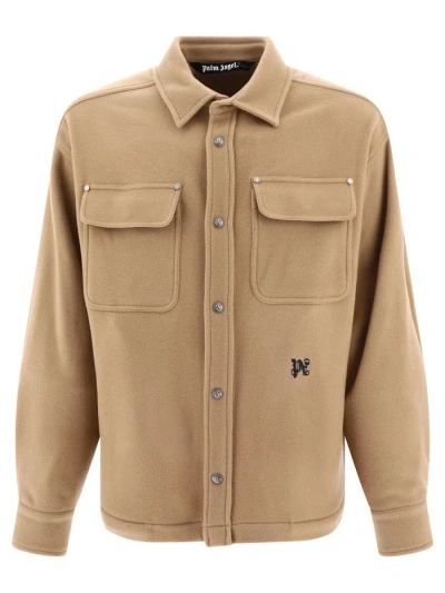 Palm Angels Wool Shirt With Rear Yoke And Chest Pockets In Beige