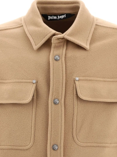 Shop Palm Angels "monogram Pockets" Overshirt Jacket In Beige