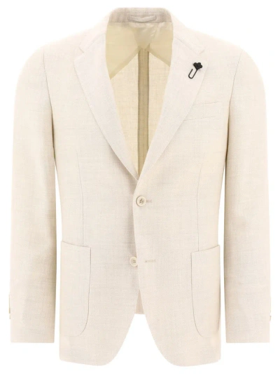 Shop Lardini Single-breasted Linen-blend Blazer In Beige