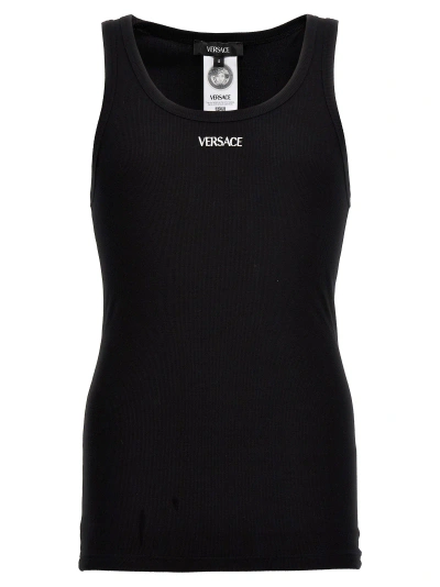 Shop Versace Logo Embroidery Tank Top Tops In Black
