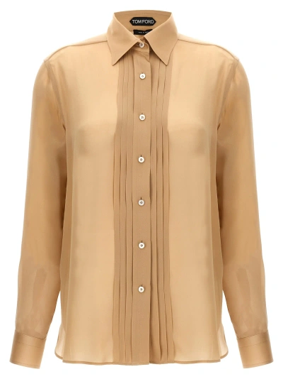 Shop Tom Ford Pleated Plastron Shirt Shirt, Blouse In Beige