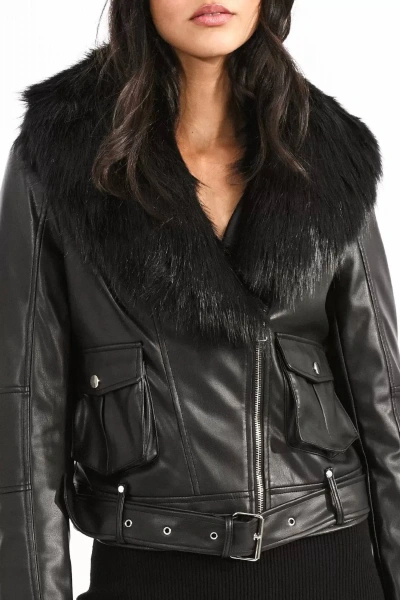 Shop Molly Bracken Fifi Faux Leather Fur Collar Jacket In Black