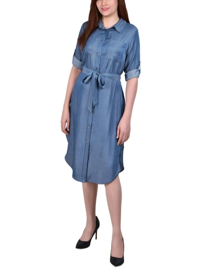 Shop Ny Collection Petites Womens Denim Roll Sleeves Shirtdress In Blue