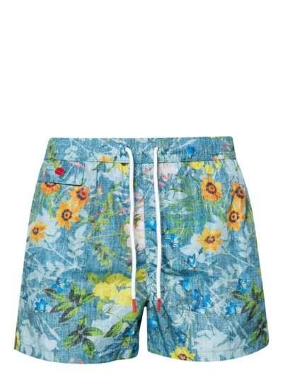 Kiton Floral Print Swim Shorts With Drawstring Waistband In Clear Blue