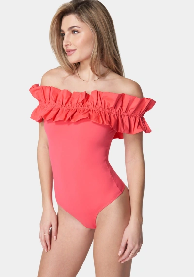 Bebe Off Shoulder Poplin Ruffle Knit Bodysuit In Hibiscus