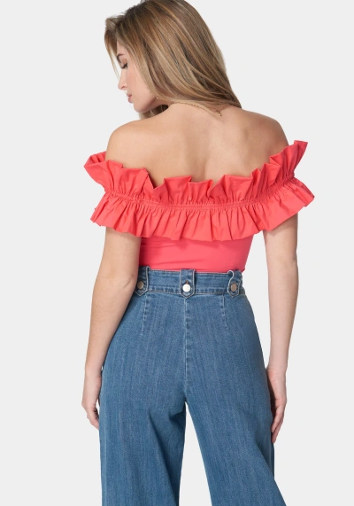 Bebe Off Shoulder Poplin Ruffle Knit Bodysuit In Hibiscus