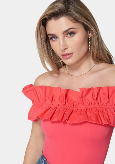 Bebe Off Shoulder Poplin Ruffle Knit Bodysuit In Hibiscus