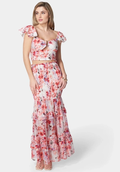 Bebe Ruffle Sleeve Metal Trim Printed Top In River Blossom Print