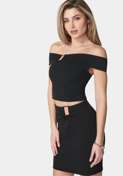 Bebe Off Shoulder Metal Trim Top And Skirt In Black