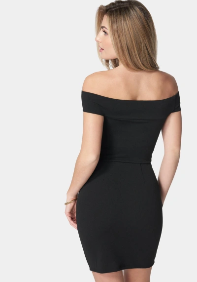 Bebe Off Shoulder Metal Trim Top And Skirt In Black