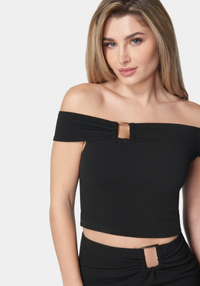 Bebe Off Shoulder Metal Trim Top And Skirt In Black