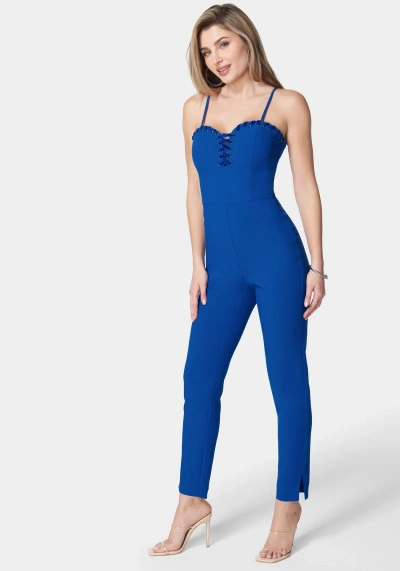 Bebe Lace Up Neckline Slim Leg Jumpsuit In Galactic Cobalt
