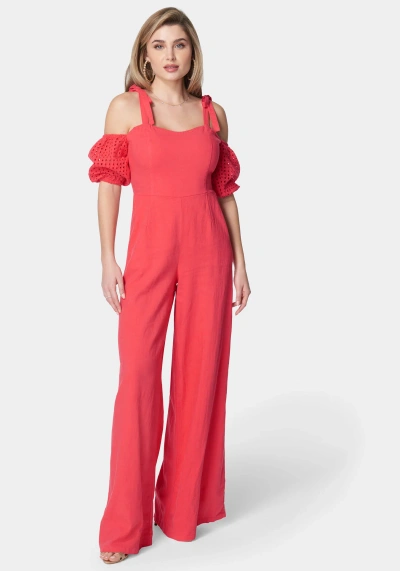 Shop Bebe Embroidered Cotton Puff Sleeve Full Wide Leg Jumpsuit In Hibiscus