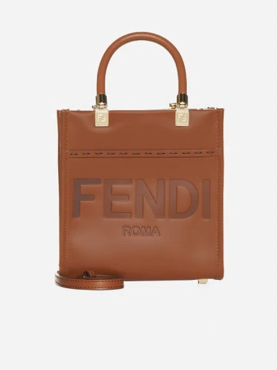 Shop Fendi Sunshine Leather Mini Tote Bag In Tan