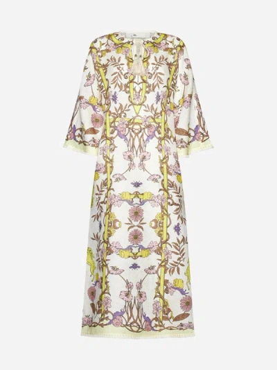 Shop Tory Burch Printed Linen Caftan In Chartreuse Meadow