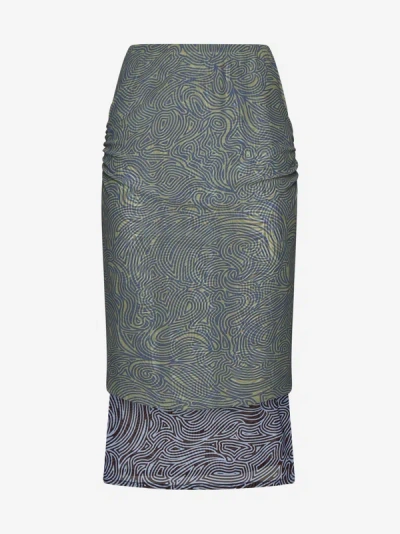 Shop Dries Van Noten Print Mesh Layered Skirt In Khaki,multicolor
