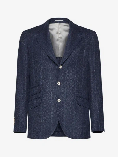 Shop Brunello Cucinelli Linen, Silk And Wool Single-breasted Blazer In Blue