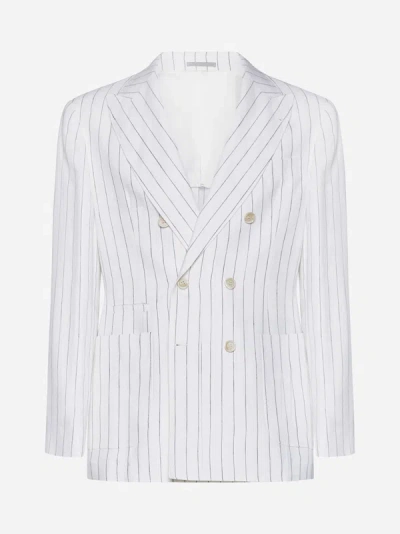 Shop Brunello Cucinelli Pinstriped Linen Double-breasted Blazer In White