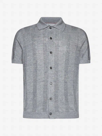 Shop Brunello Cucinelli Linen And Cotton Knit Shirt In Grey