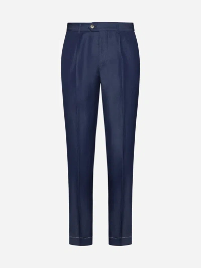 Shop Brunello Cucinelli Wool And Linen Trousers In Denim Blue