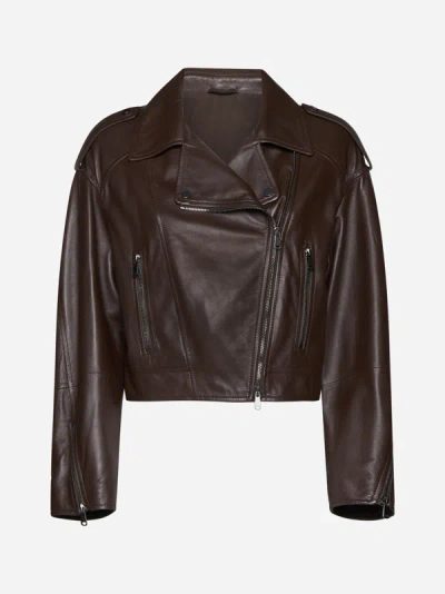 Shop Brunello Cucinelli Leather Cropped Jacket In Brown