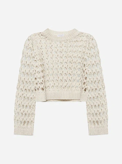 Shop Brunello Cucinelli Crochet Knit Cropped Sweater In Ivory