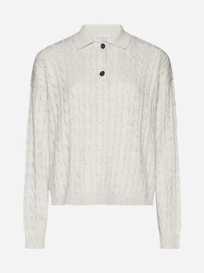 Shop Brunello Cucinelli Sequined Cable-knit Cotton Sweater In Ivory