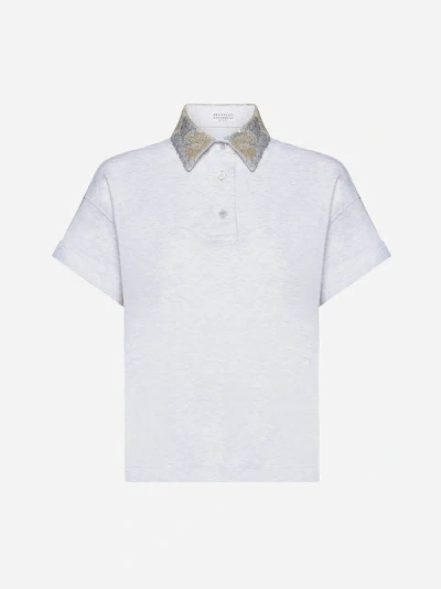 Shop Brunello Cucinelli Sequin-collar Cotton Polo Shirt In Grey