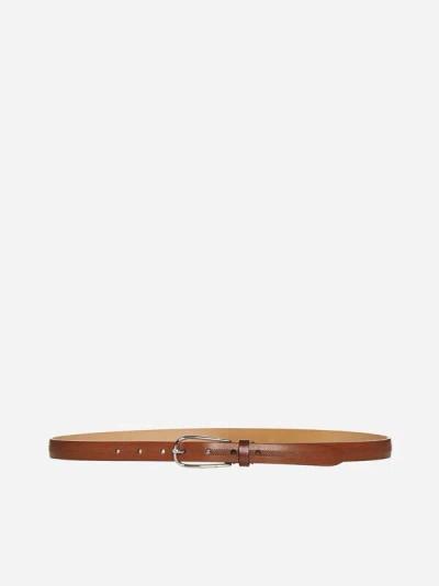 Shop Brunello Cucinelli Textured Leather Thin Belt In Tan