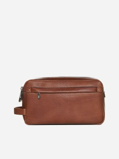 Shop Brunello Cucinelli Leather Toiletry Bag In Brown