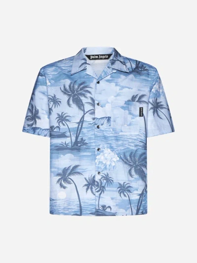 Shop Palm Angels Print Linen And Cotton Shirt In Indigo Blue