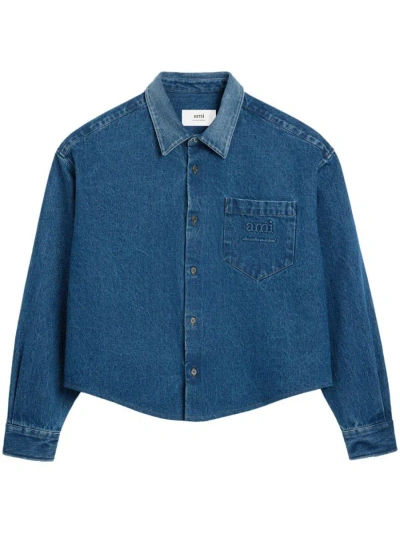 Shop Ami Alexandre Mattiussi Ami Paris Logo-embroidery Denim Shirt In Bleu Used