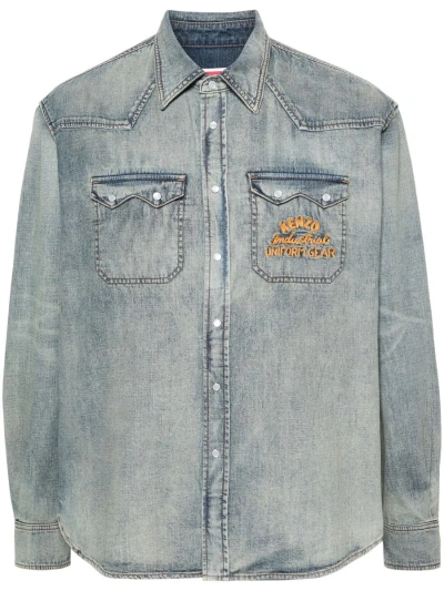 Shop Kenzo Denim Shirt With Embroidery In Blue
